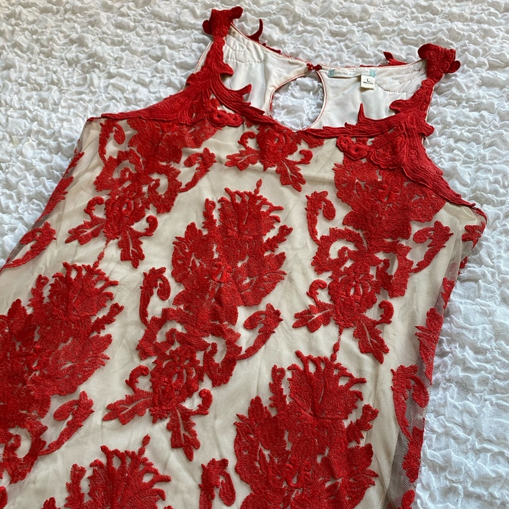 Nude and red flapper inspired dress